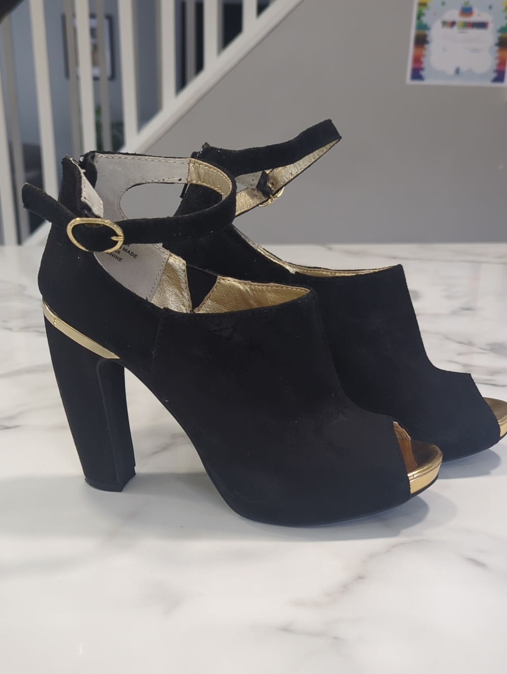 Seychelles Black Suede Peep-Toe Block Heels with Gold Accents